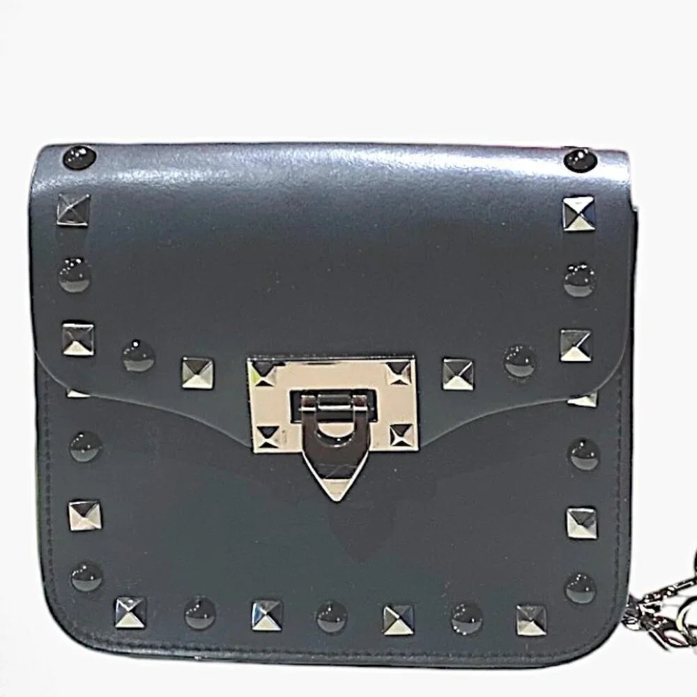 Borse in Pelle Black Studded Matte Leather Crossbody Bag w/Chainstrap